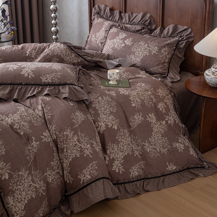 91家纺网 家纺一手货源 找家纺 芯贝儿 2025新款加厚原麻复古风亚麻皱皱双层纱水洗m花边四件套 秋意浓