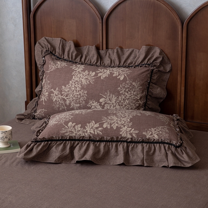 91家纺网 家纺一手货源 找家纺 芯贝儿 2025新款加厚原麻复古风亚麻皱皱双层纱水洗m花边四件套 秋意浓