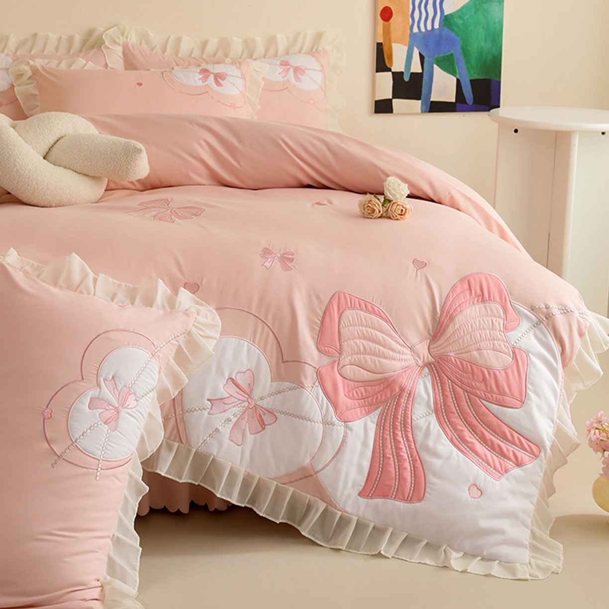 91家纺网 家纺一手货源 找家纺 （总）慕语家纺 2025新款工艺款法式花边亲肤贴布绣浪漫告白磨毛四件套（专版花型）