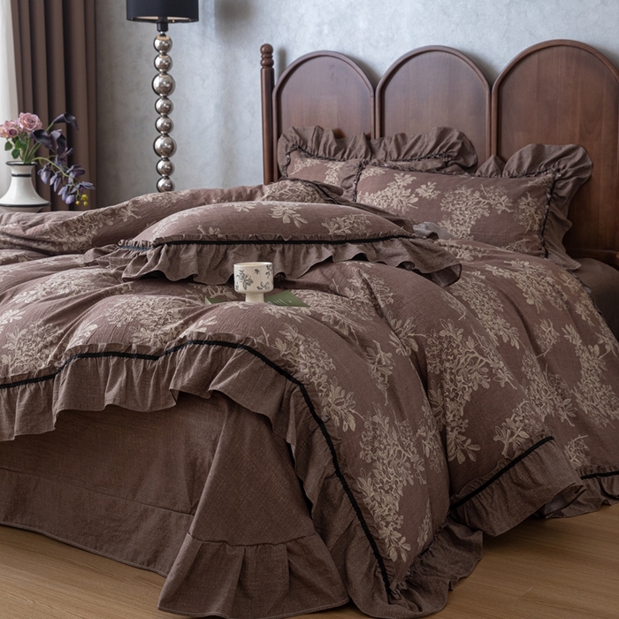 91家纺网 家纺一手货源 找家纺 芯贝儿 2025新款加厚原麻复古风亚麻皱皱双层纱水洗m花边四件套 秋意浓