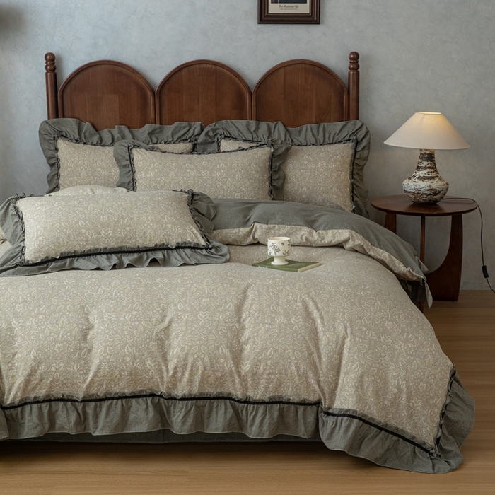 91家纺网 家纺一手货源 找家纺 芯贝儿 2025新款加厚原麻复古风亚麻皱皱双层纱水洗m花边四件套 水木年华