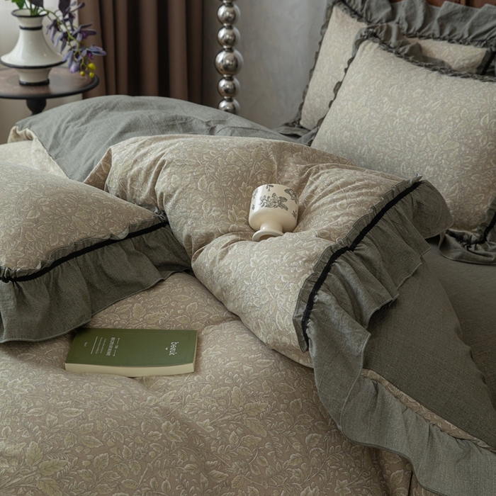 91家纺网 家纺一手货源 找家纺 芯贝儿 2025新款加厚原麻复古风亚麻皱皱双层纱水洗m花边四件套 水木年华