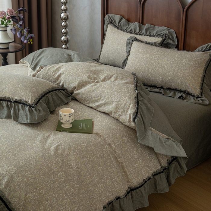 91家纺网 家纺一手货源 找家纺 芯贝儿 2025新款加厚原麻复古风亚麻皱皱双层纱水洗m花边四件套 水木年华