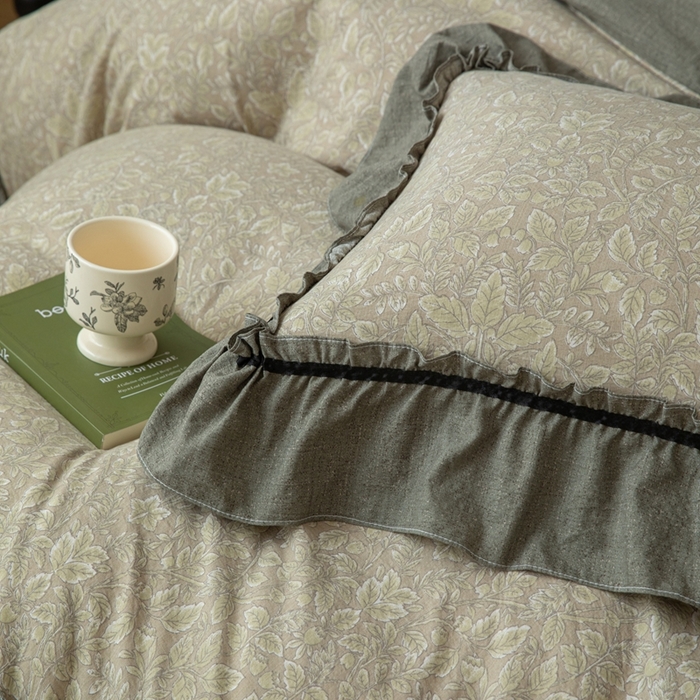 91家纺网 家纺一手货源 找家纺 芯贝儿 2025新款加厚原麻复古风亚麻皱皱双层纱水洗m花边四件套 水木年华