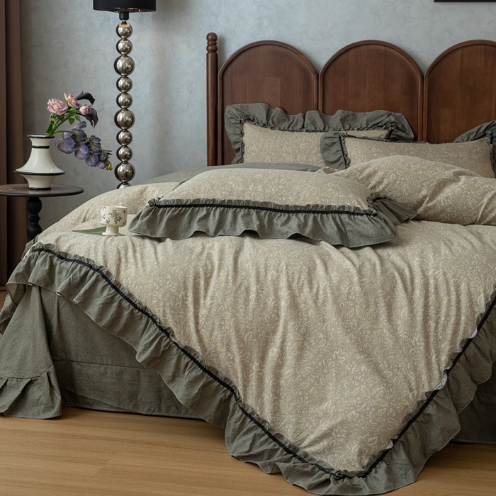 91家纺网 家纺一手货源 找家纺 芯贝儿 2025新款加厚原麻复古风亚麻皱皱双层纱水洗m花边四件套 水木年华