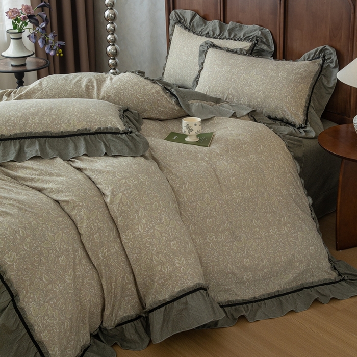 91家纺网 家纺一手货源 找家纺 芯贝儿 2025新款加厚原麻复古风亚麻皱皱双层纱水洗m花边四件套 水木年华