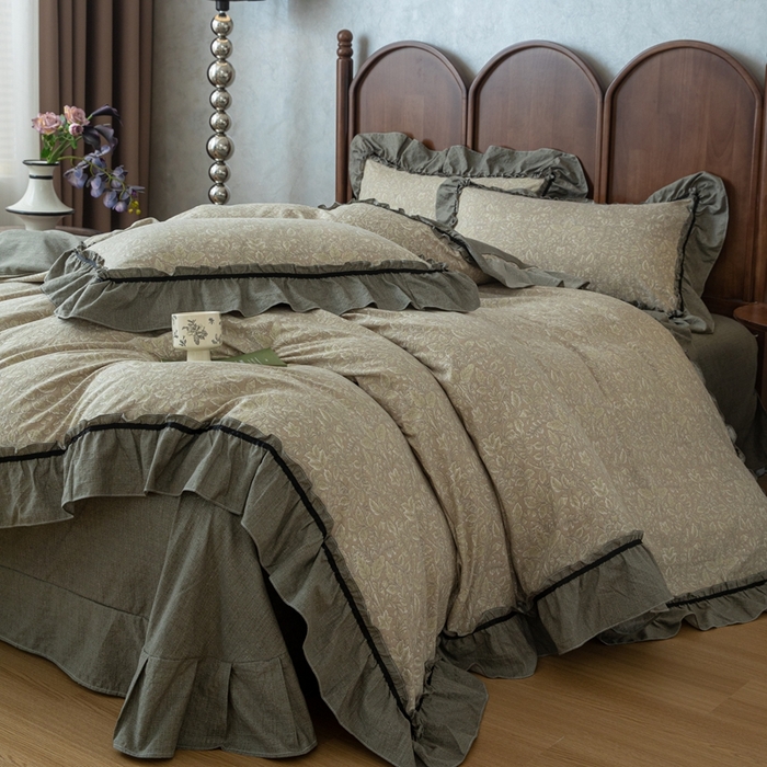 91家纺网 家纺一手货源 找家纺 芯贝儿 2025新款加厚原麻复古风亚麻皱皱双层纱水洗m花边四件套 水木年华