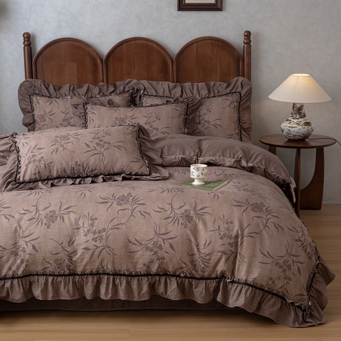 91家纺网 家纺一手货源 找家纺 芯贝儿 2025新款加厚原麻复古风亚麻皱皱双层纱水洗m花边四件套 叙语时光