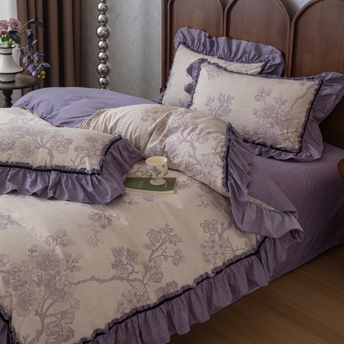 91家纺网 家纺一手货源 找家纺 芯贝儿 2025新款加厚原麻复古风亚麻皱皱双层纱水洗m花边四件套 紫嫣