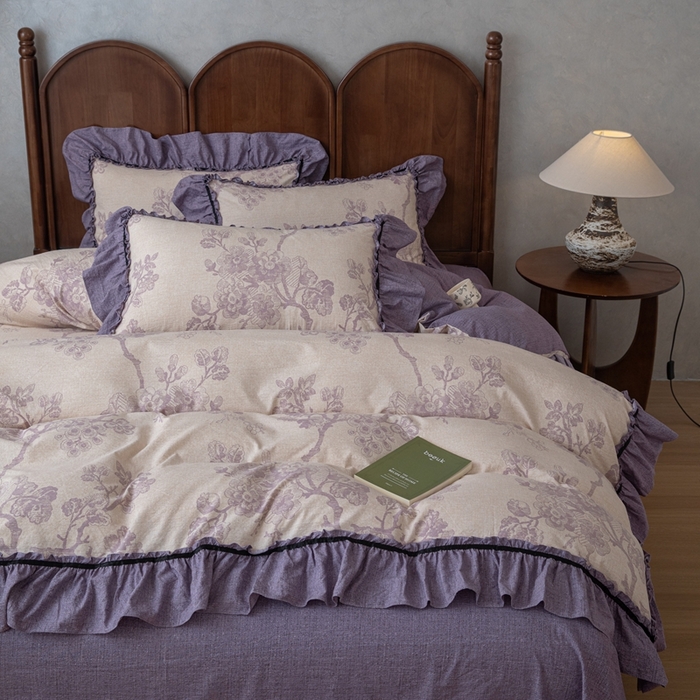 91家纺网 家纺一手货源 找家纺 芯贝儿 2025新款加厚原麻复古风亚麻皱皱双层纱水洗m花边四件套 紫嫣