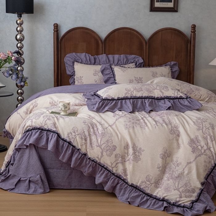 91家纺网 家纺一手货源 找家纺 芯贝儿 2025新款加厚原麻复古风亚麻皱皱双层纱水洗m花边四件套 紫嫣