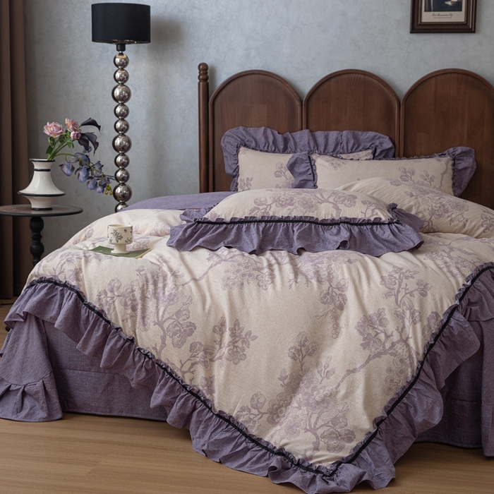 91家纺网 家纺一手货源 找家纺 芯贝儿 2025新款加厚原麻复古风亚麻皱皱双层纱水洗m花边四件套 紫嫣