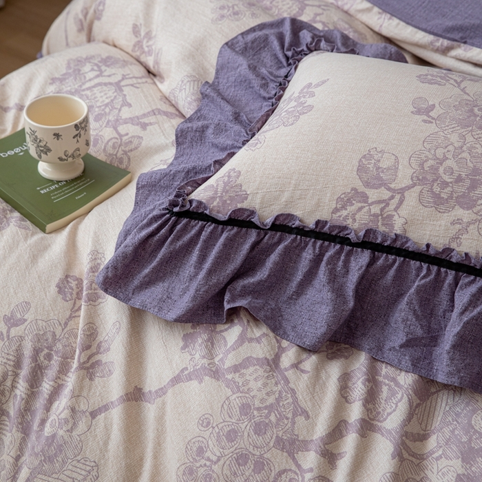 91家纺网 家纺一手货源 找家纺 芯贝儿 2025新款加厚原麻复古风亚麻皱皱双层纱水洗m花边四件套 紫嫣