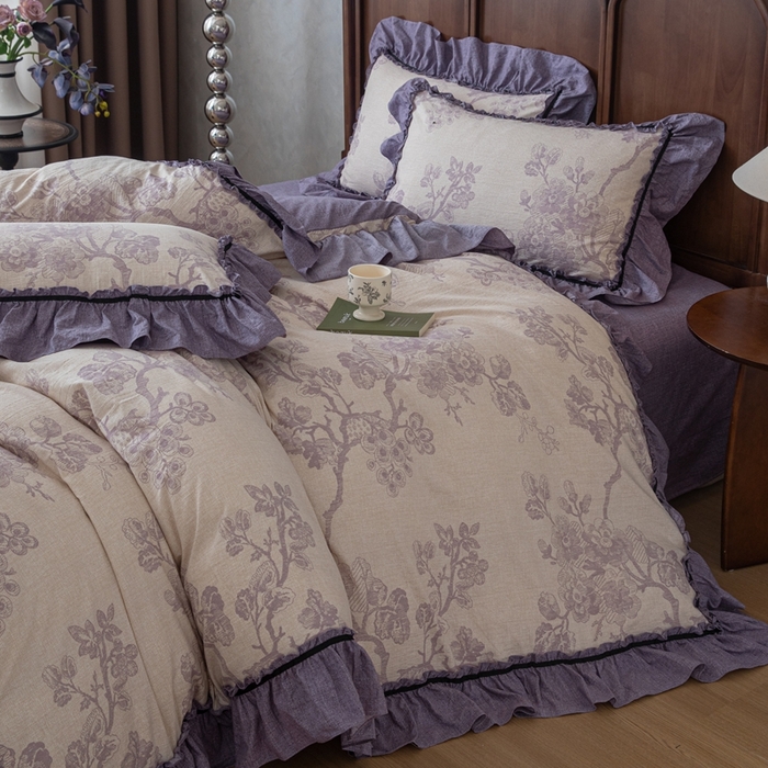 91家纺网 家纺一手货源 找家纺 芯贝儿 2025新款加厚原麻复古风亚麻皱皱双层纱水洗m花边四件套 紫嫣