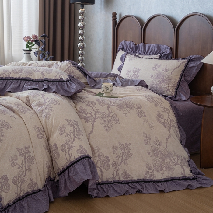 91家纺网 家纺一手货源 找家纺 芯贝儿 2025新款加厚原麻复古风亚麻皱皱双层纱水洗m花边四件套 紫嫣