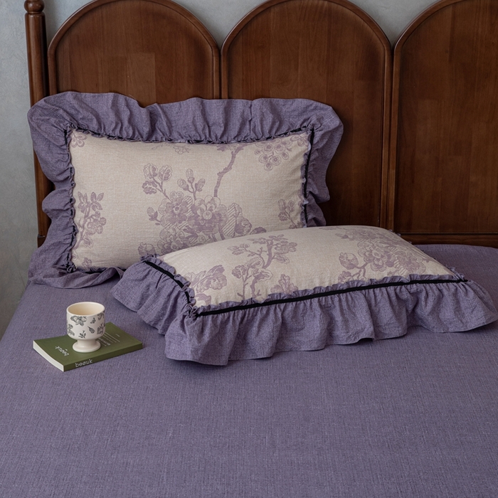 91家纺网 家纺一手货源 找家纺 芯贝儿 2025新款加厚原麻复古风亚麻皱皱双层纱水洗m花边四件套 紫嫣