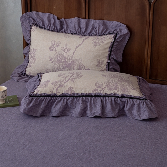 91家纺网 家纺一手货源 找家纺 芯贝儿 2025新款加厚原麻复古风亚麻皱皱双层纱水洗m花边四件套 紫嫣