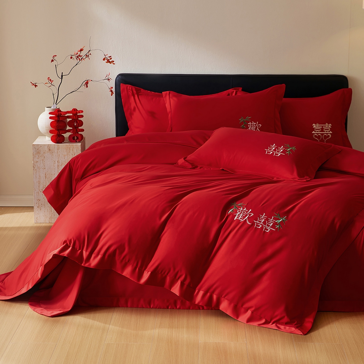 91家纺网 家纺一手货源 找家纺 丰淘家纺 2025新款新中式婚庆磨毛刺绣四件套 欢欢喜喜