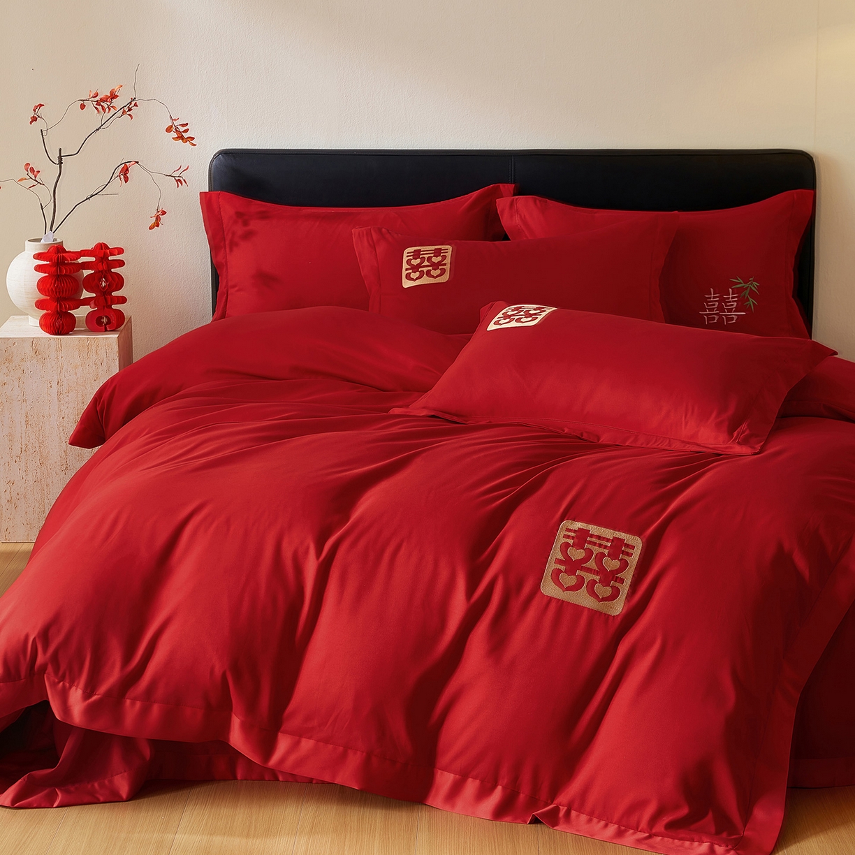 91家纺网 家纺一手货源 找家纺 丰淘家纺 2025新款新中式婚庆磨毛刺绣四件套 喜事迎门