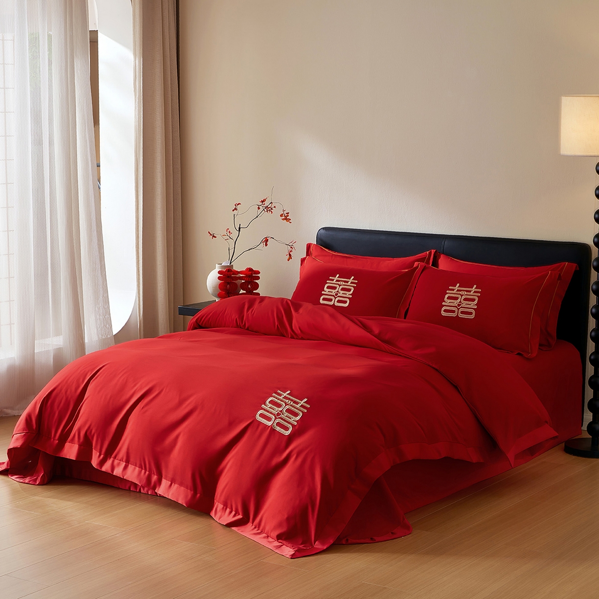 91家纺网 家纺一手货源 找家纺 丰淘家纺 2025新款新中式婚庆磨毛刺绣四件套 大富大贵