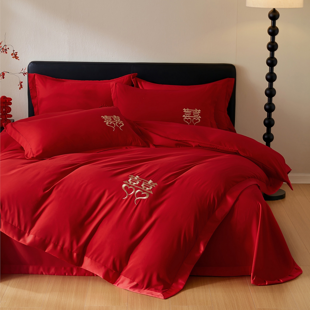 丰淘家纺 2025新款新中式婚庆磨毛刺绣四件套 花间喜事