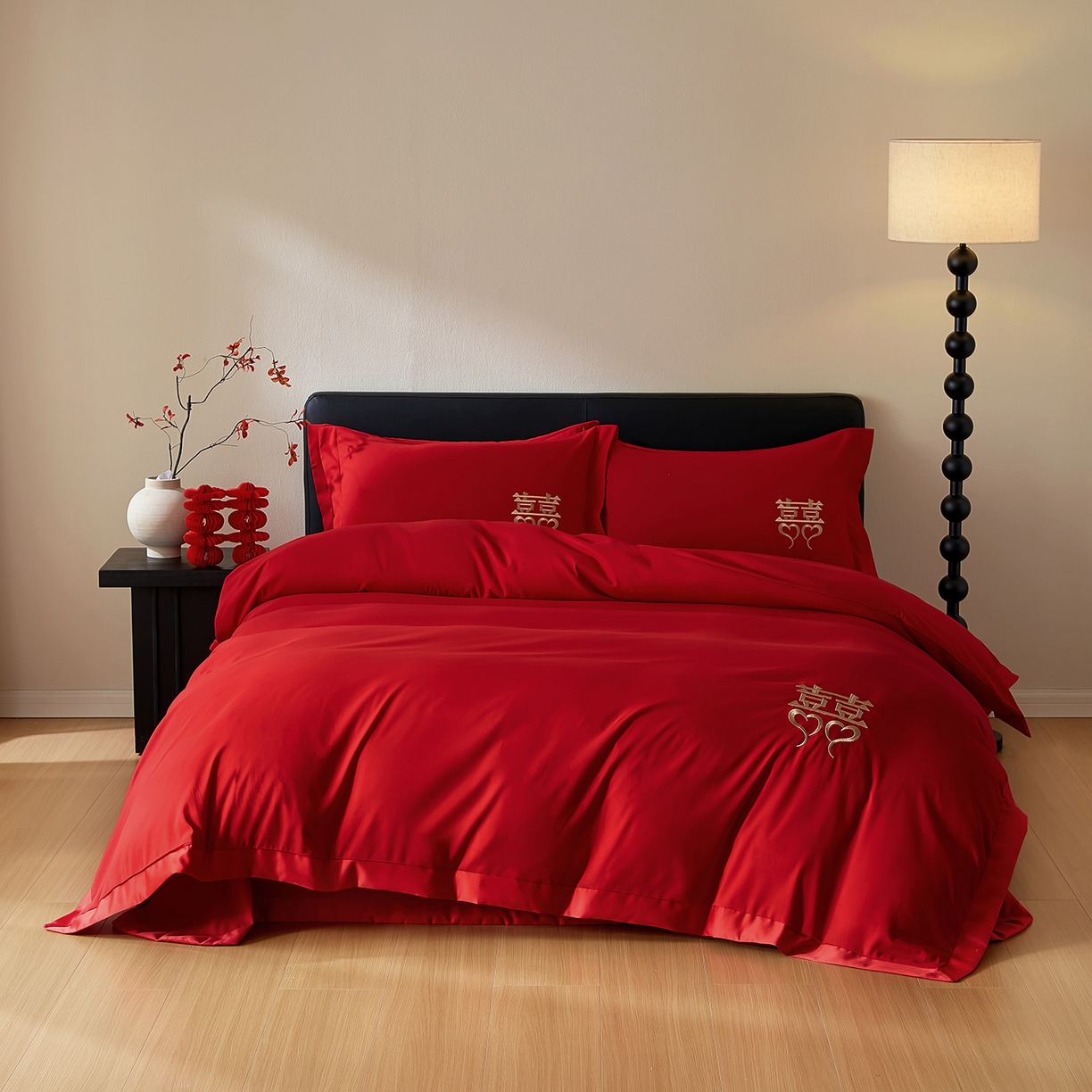 91家纺网 家纺一手货源 找家纺 丰淘家纺 2025新款新中式婚庆磨毛刺绣四件套 花间喜事