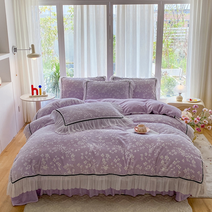 恋尚羽家纺 2025新款韩版全消光烂花牛奶绒床盖四件套 樱花-紫色