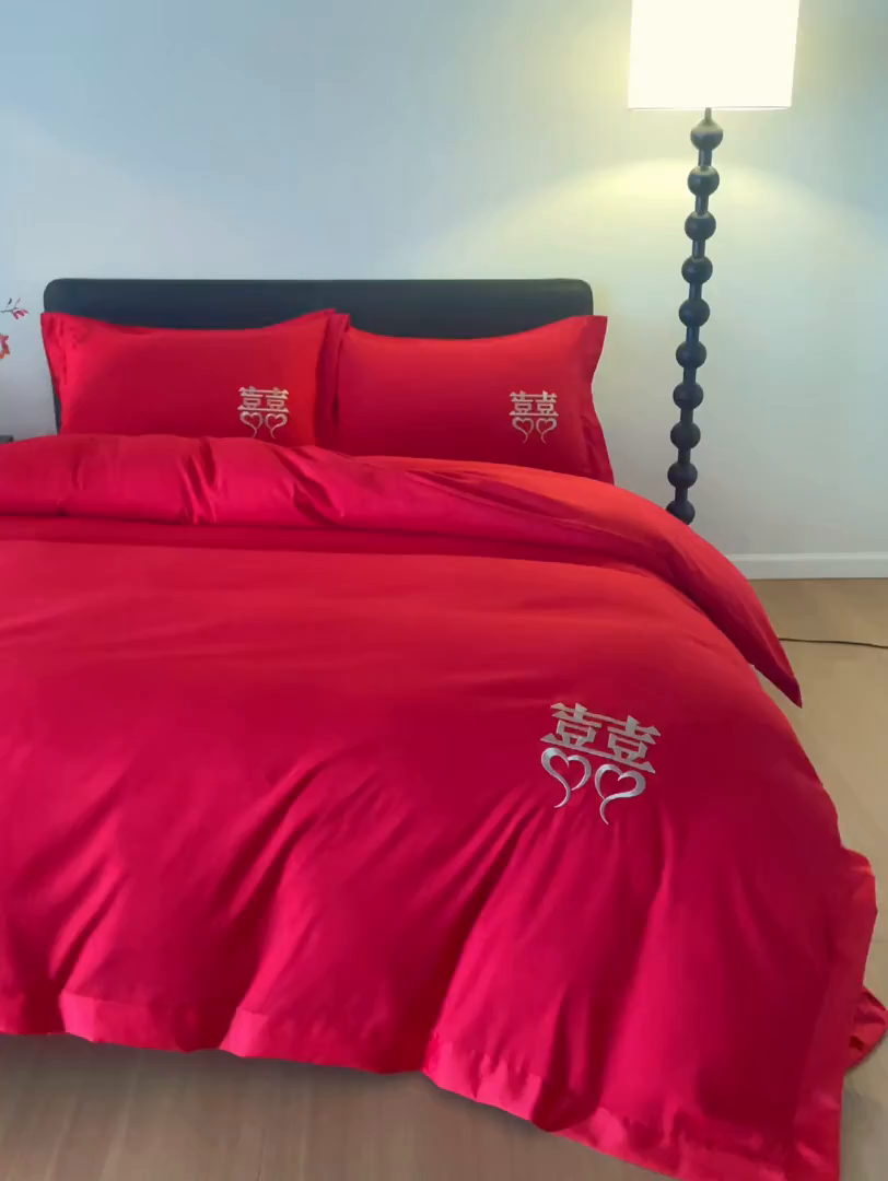 91家纺网 家纺一手货源 找家纺 丰淘家纺 2025新款新中式婚庆磨毛刺绣四件套 花间喜事