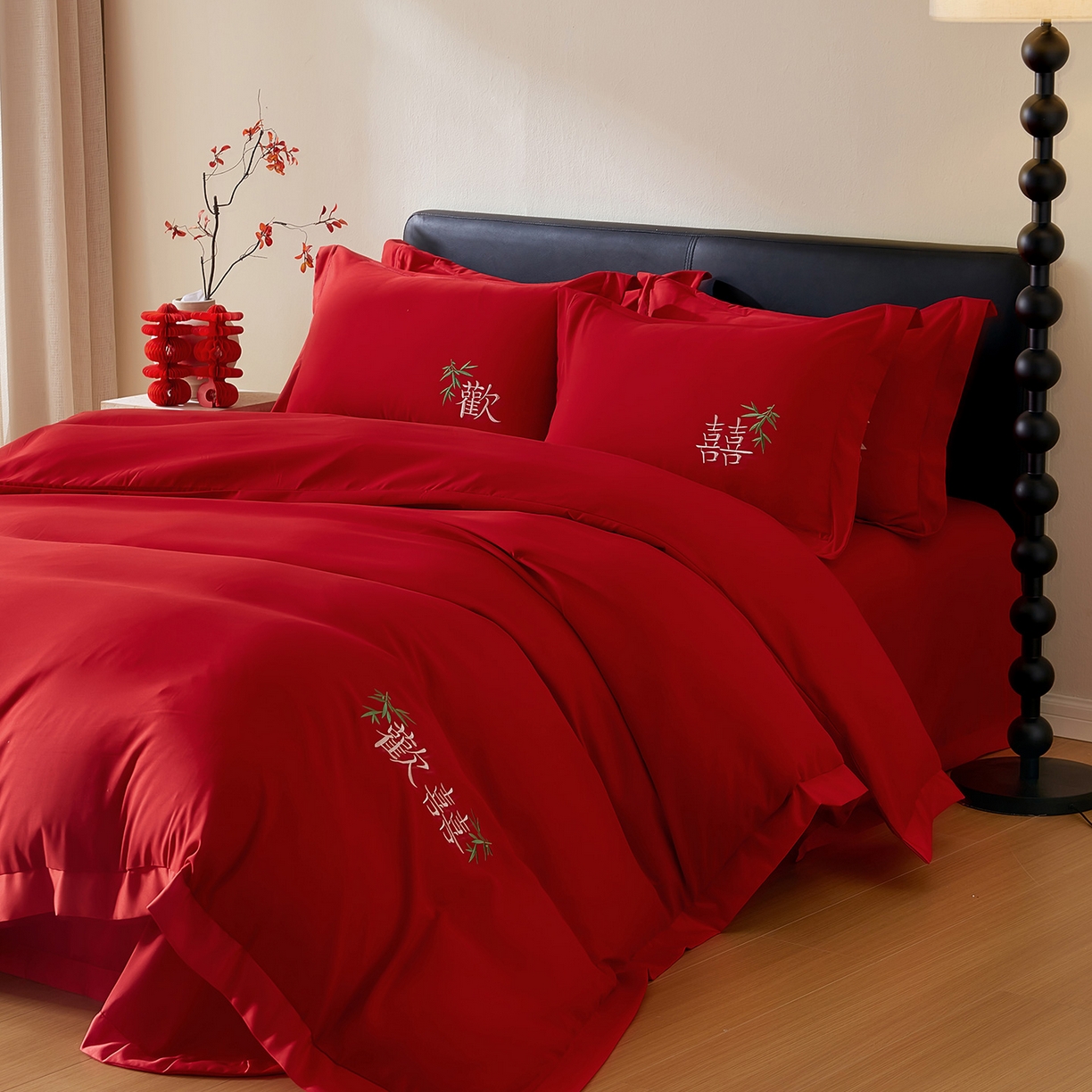 91家纺网 家纺一手货源 找家纺 丰淘家纺 2025新款新中式婚庆磨毛刺绣四件套 欢欢喜喜