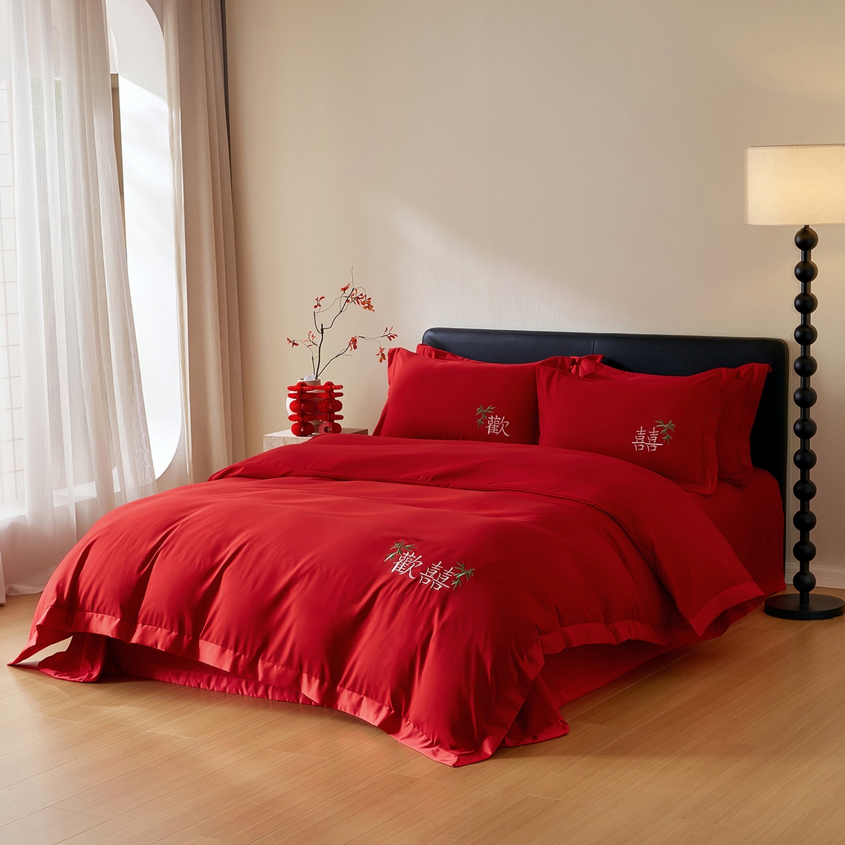 91家纺网 家纺一手货源 找家纺 丰淘家纺 2025新款新中式婚庆磨毛刺绣四件套 欢欢喜喜