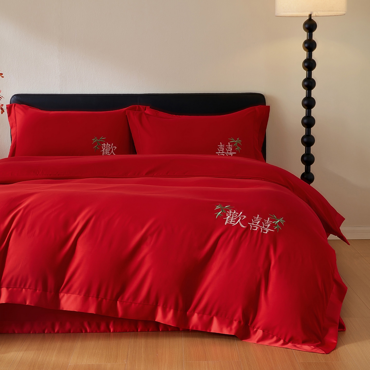 91家纺网 家纺一手货源 找家纺 丰淘家纺 2025新款新中式婚庆磨毛刺绣四件套 欢欢喜喜