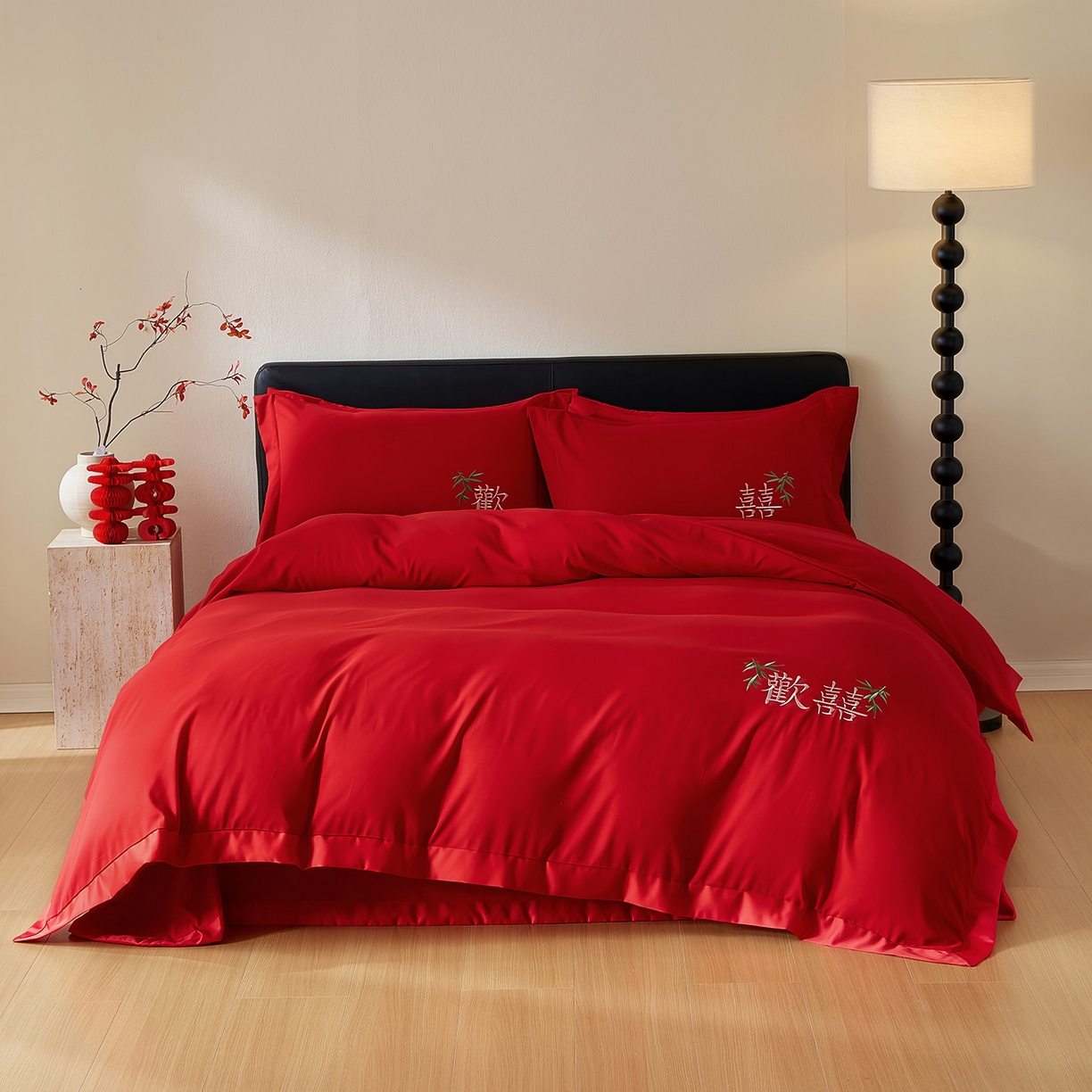 91家纺网 家纺一手货源 找家纺 丰淘家纺 2025新款新中式婚庆磨毛刺绣四件套 欢欢喜喜