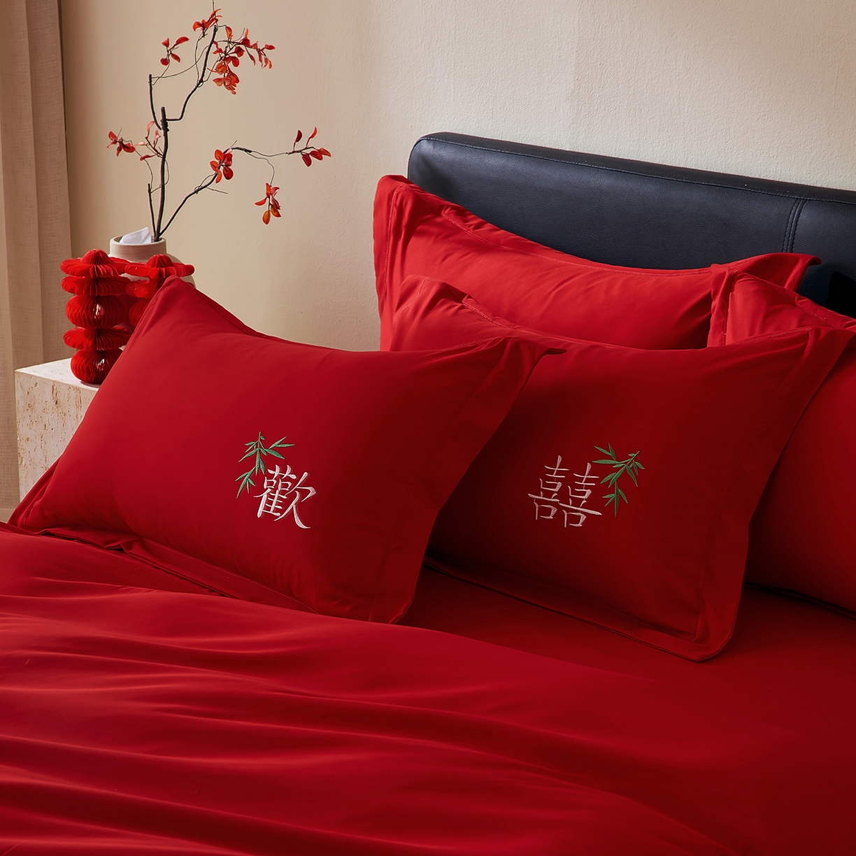 91家纺网 家纺一手货源 找家纺 丰淘家纺 2025新款新中式婚庆磨毛刺绣四件套 欢欢喜喜