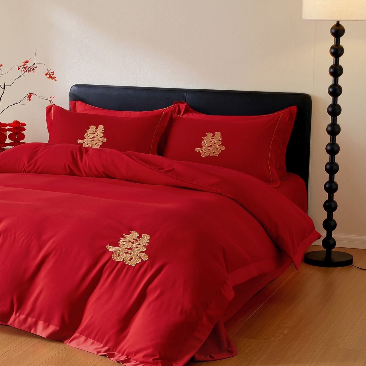 91家纺网 家纺一手货源 找家纺 丰淘家纺 2025新款新中式婚庆磨毛刺绣四件套 家有喜事