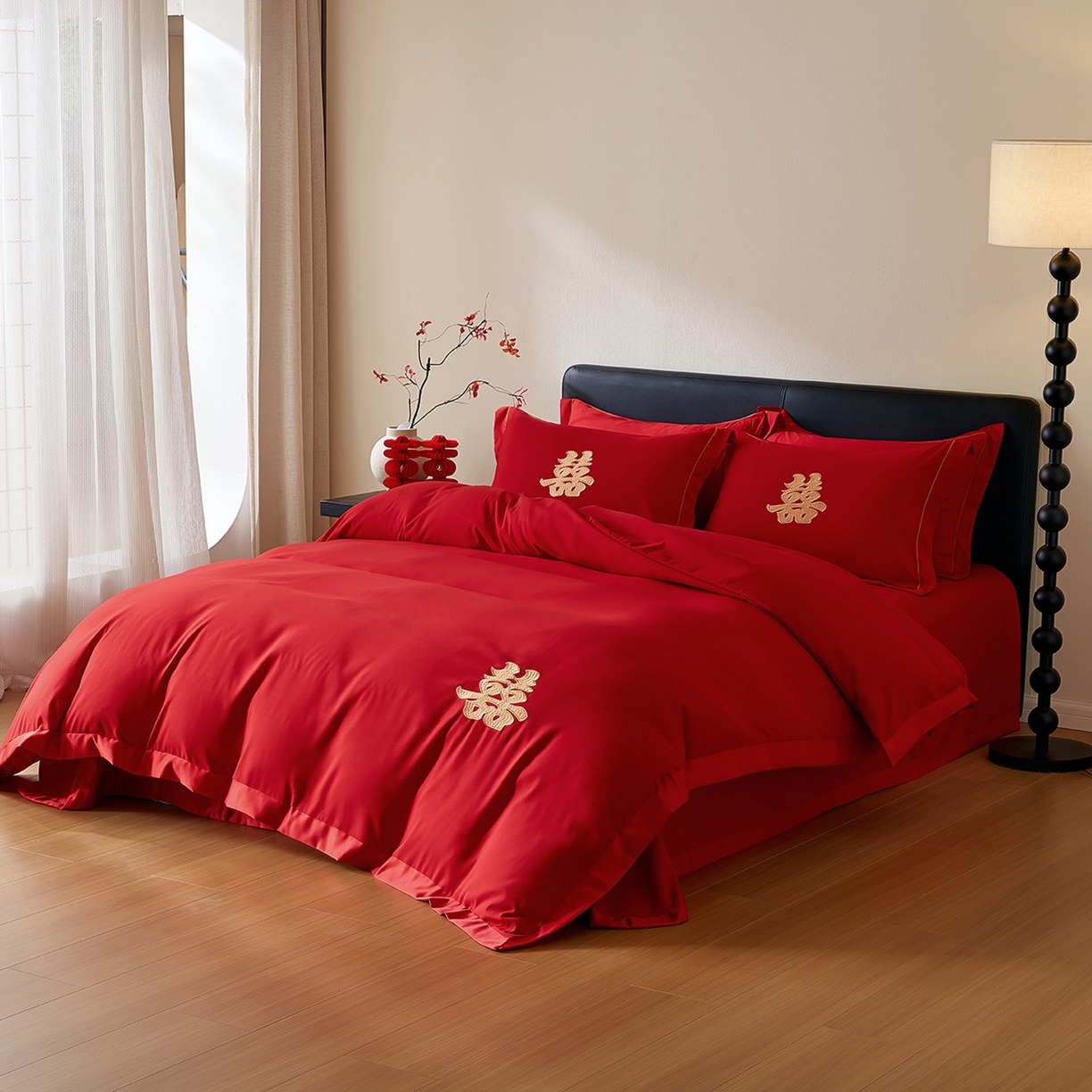 91家纺网 家纺一手货源 找家纺 丰淘家纺 2025新款新中式婚庆磨毛刺绣四件套 家有喜事