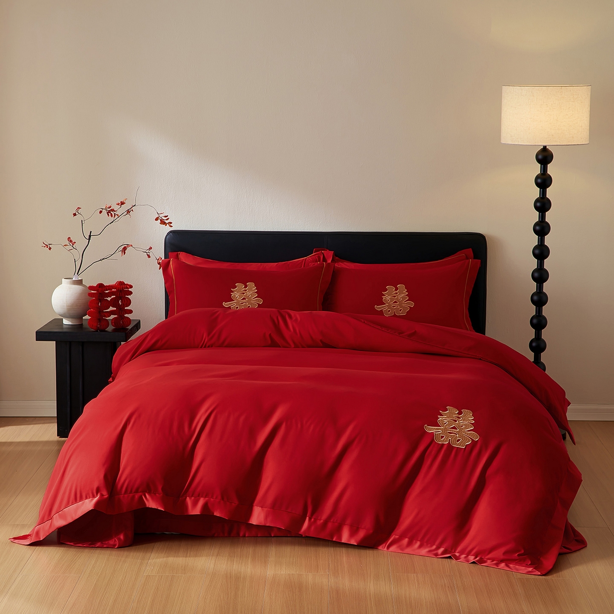 91家纺网 家纺一手货源 找家纺 丰淘家纺 2025新款新中式婚庆磨毛刺绣四件套 家有喜事