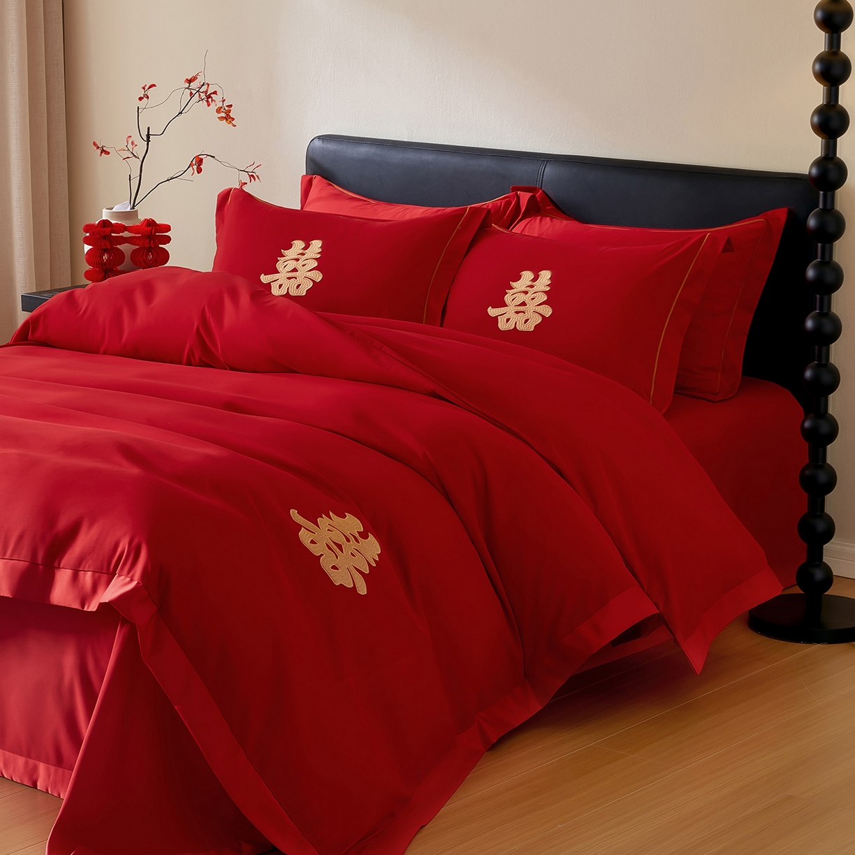 91家纺网 家纺一手货源 找家纺 丰淘家纺 2025新款新中式婚庆磨毛刺绣四件套 家有喜事