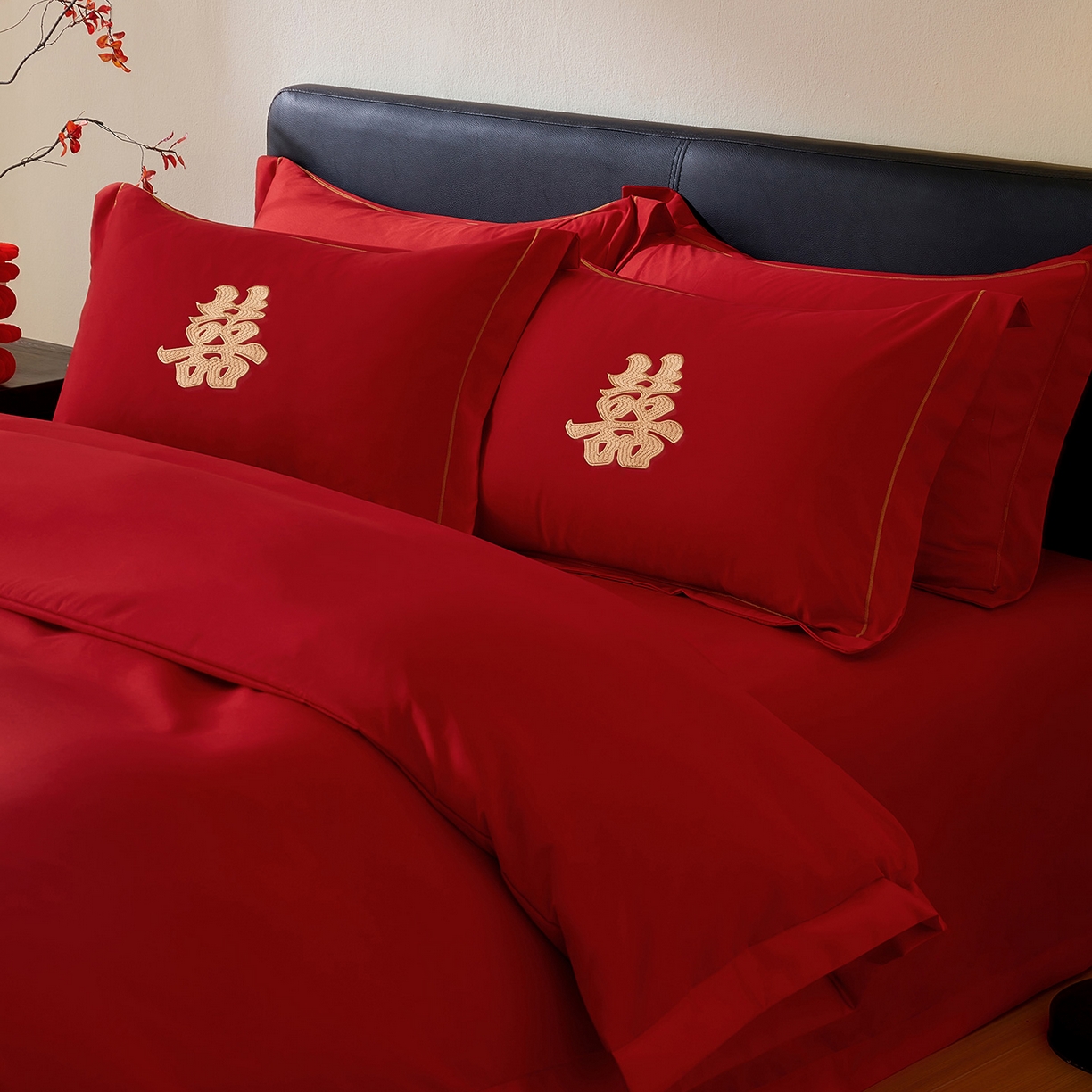 91家纺网 家纺一手货源 找家纺 丰淘家纺 2025新款新中式婚庆磨毛刺绣四件套 家有喜事