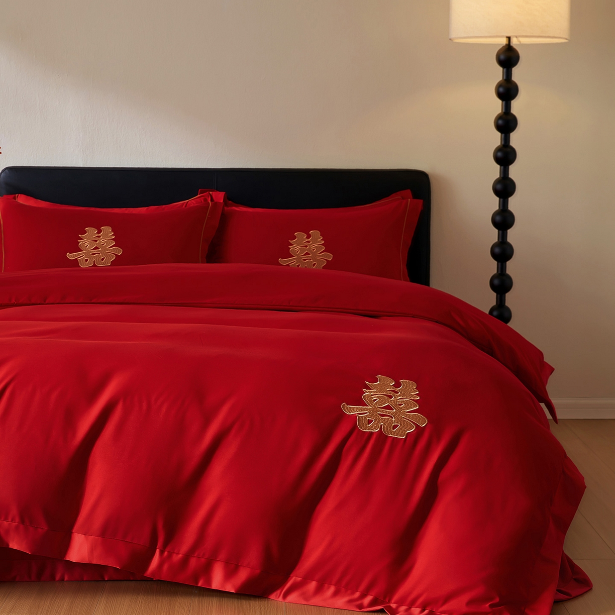 91家纺网 家纺一手货源 找家纺 丰淘家纺 2025新款新中式婚庆磨毛刺绣四件套 家有喜事