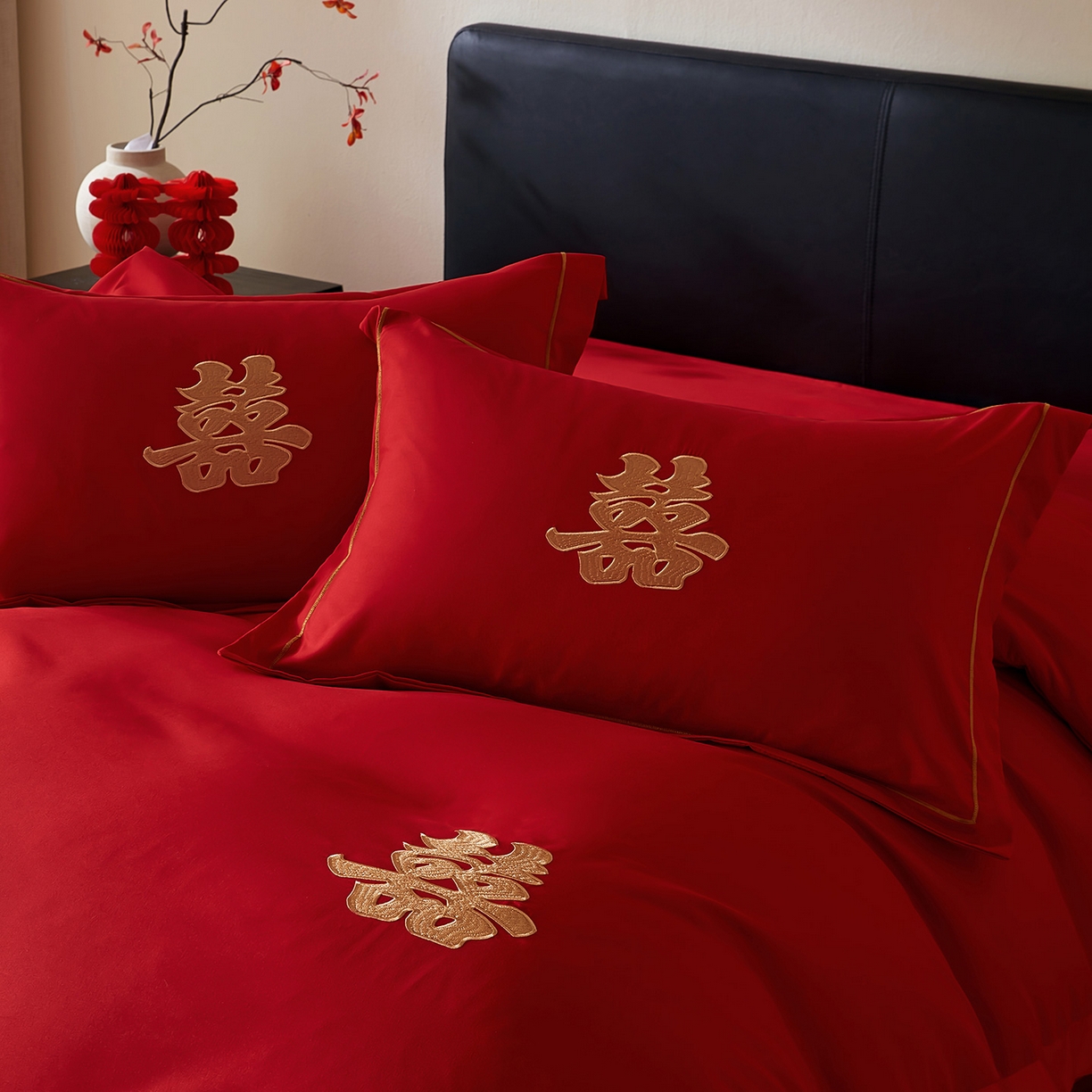 91家纺网 家纺一手货源 找家纺 丰淘家纺 2025新款新中式婚庆磨毛刺绣四件套 家有喜事