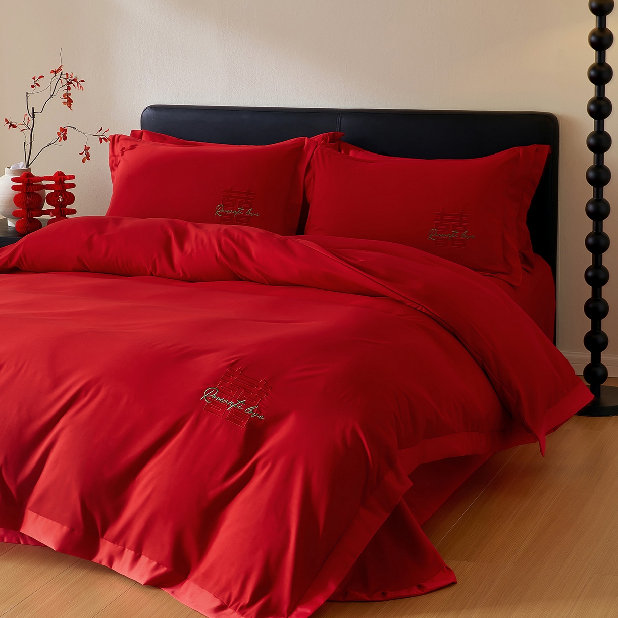 91家纺网 家纺一手货源 找家纺 丰淘家纺 2025新款新中式婚庆磨毛刺绣四件套 喜上眉梢