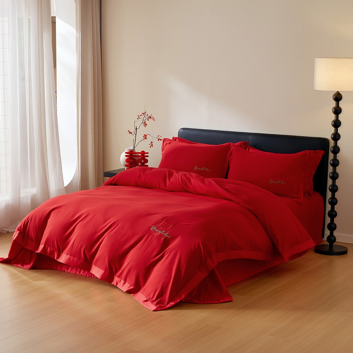 91家纺网 家纺一手货源 找家纺 丰淘家纺 2025新款新中式婚庆磨毛刺绣四件套 喜上眉梢