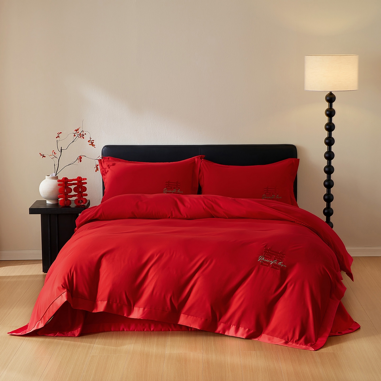 91家纺网 家纺一手货源 找家纺 丰淘家纺 2025新款新中式婚庆磨毛刺绣四件套 喜上眉梢