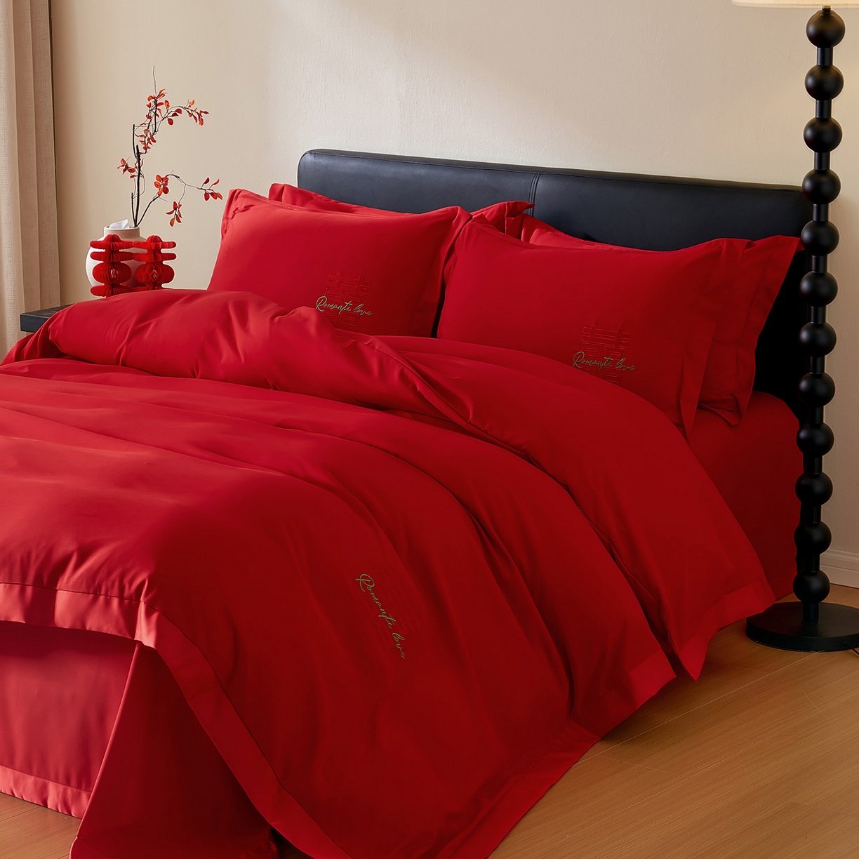 91家纺网 家纺一手货源 找家纺 丰淘家纺 2025新款新中式婚庆磨毛刺绣四件套 喜上眉梢