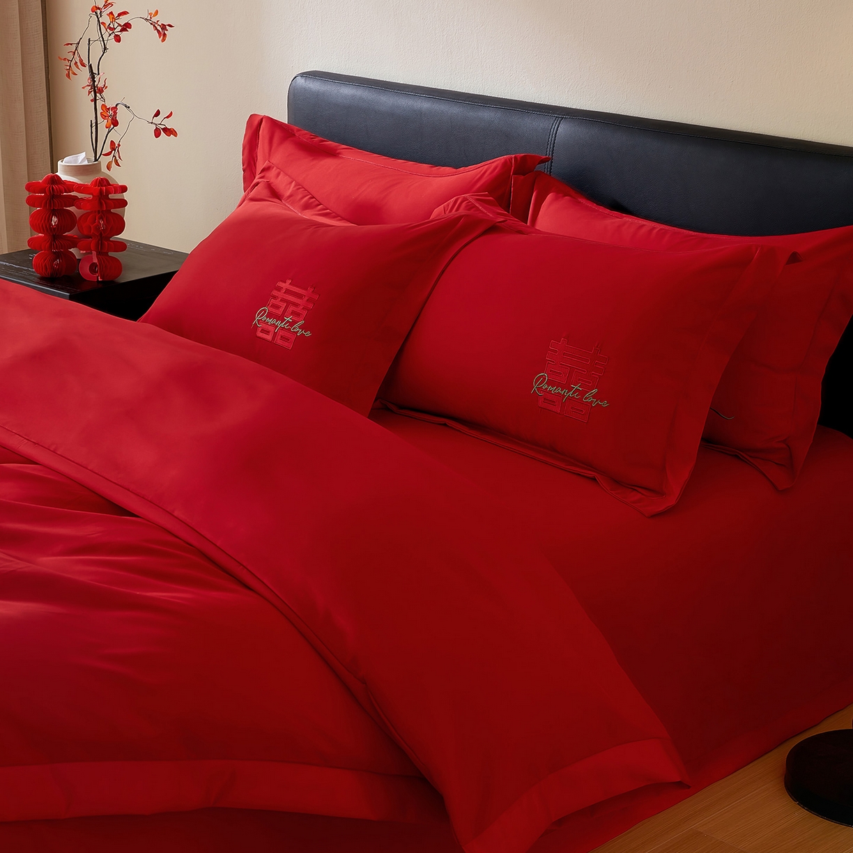 91家纺网 家纺一手货源 找家纺 丰淘家纺 2025新款新中式婚庆磨毛刺绣四件套 喜上眉梢