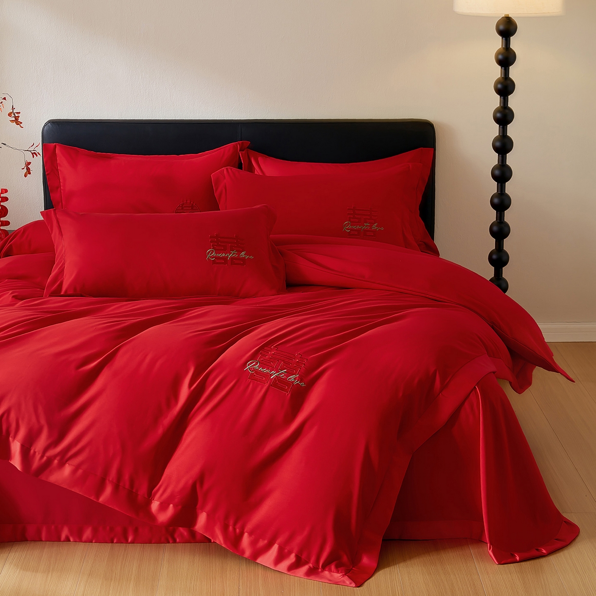 91家纺网 家纺一手货源 找家纺 丰淘家纺 2025新款新中式婚庆磨毛刺绣四件套 喜上眉梢