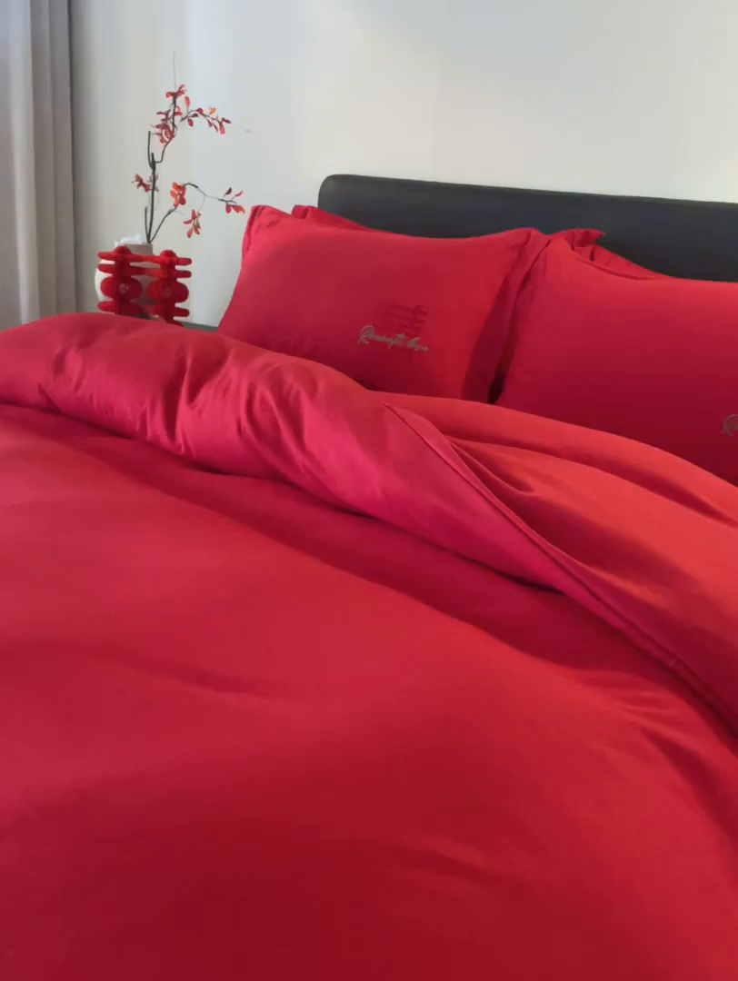 91家纺网 家纺一手货源 找家纺 丰淘家纺 2025新款新中式婚庆磨毛刺绣四件套 喜上眉梢