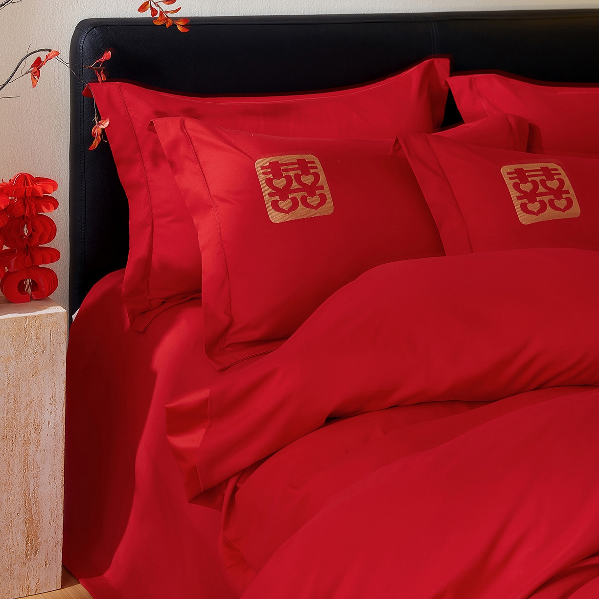 91家纺网 家纺一手货源 找家纺 丰淘家纺 2025新款新中式婚庆磨毛刺绣四件套 喜事迎门