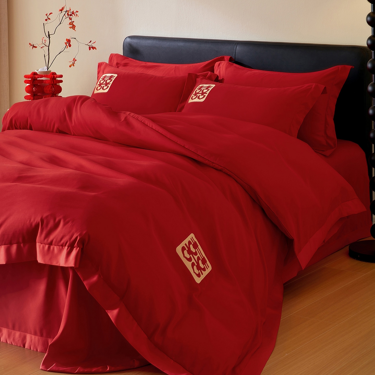 91家纺网 家纺一手货源 找家纺 丰淘家纺 2025新款新中式婚庆磨毛刺绣四件套 喜事迎门