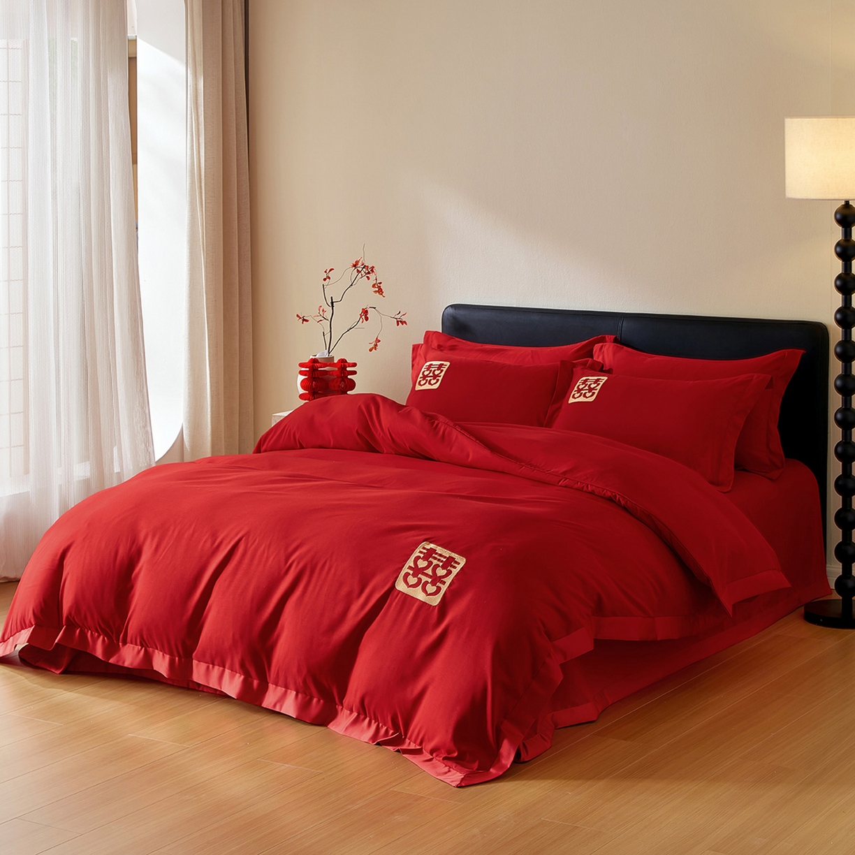 91家纺网 家纺一手货源 找家纺 丰淘家纺 2025新款新中式婚庆磨毛刺绣四件套 喜事迎门